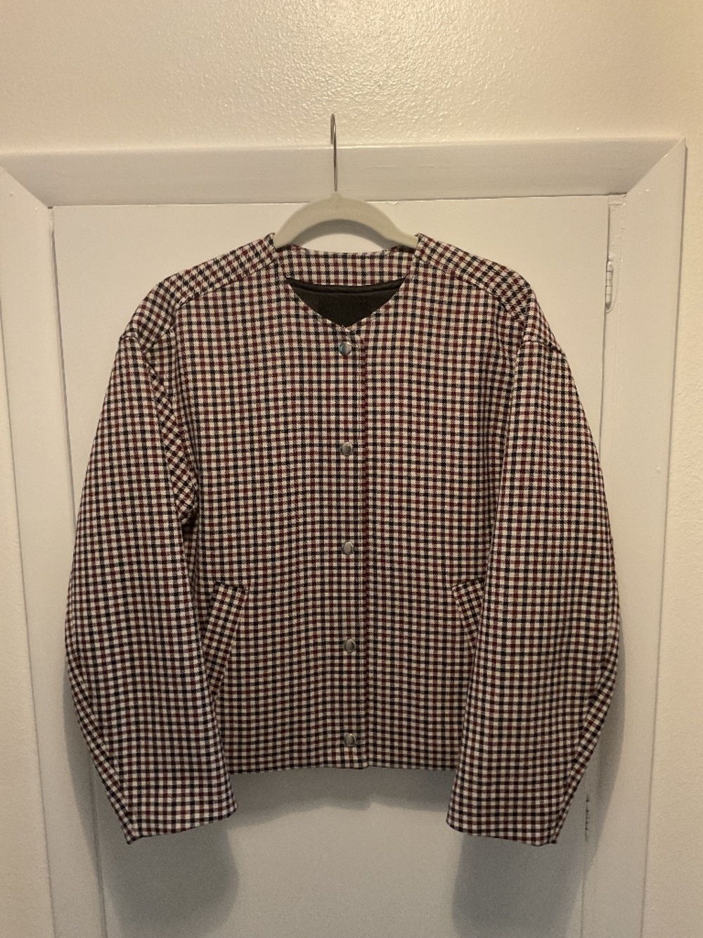 Madewell Bomber Jacket, Size Small, Burgundy-Black-Ecru Checkered Pattern